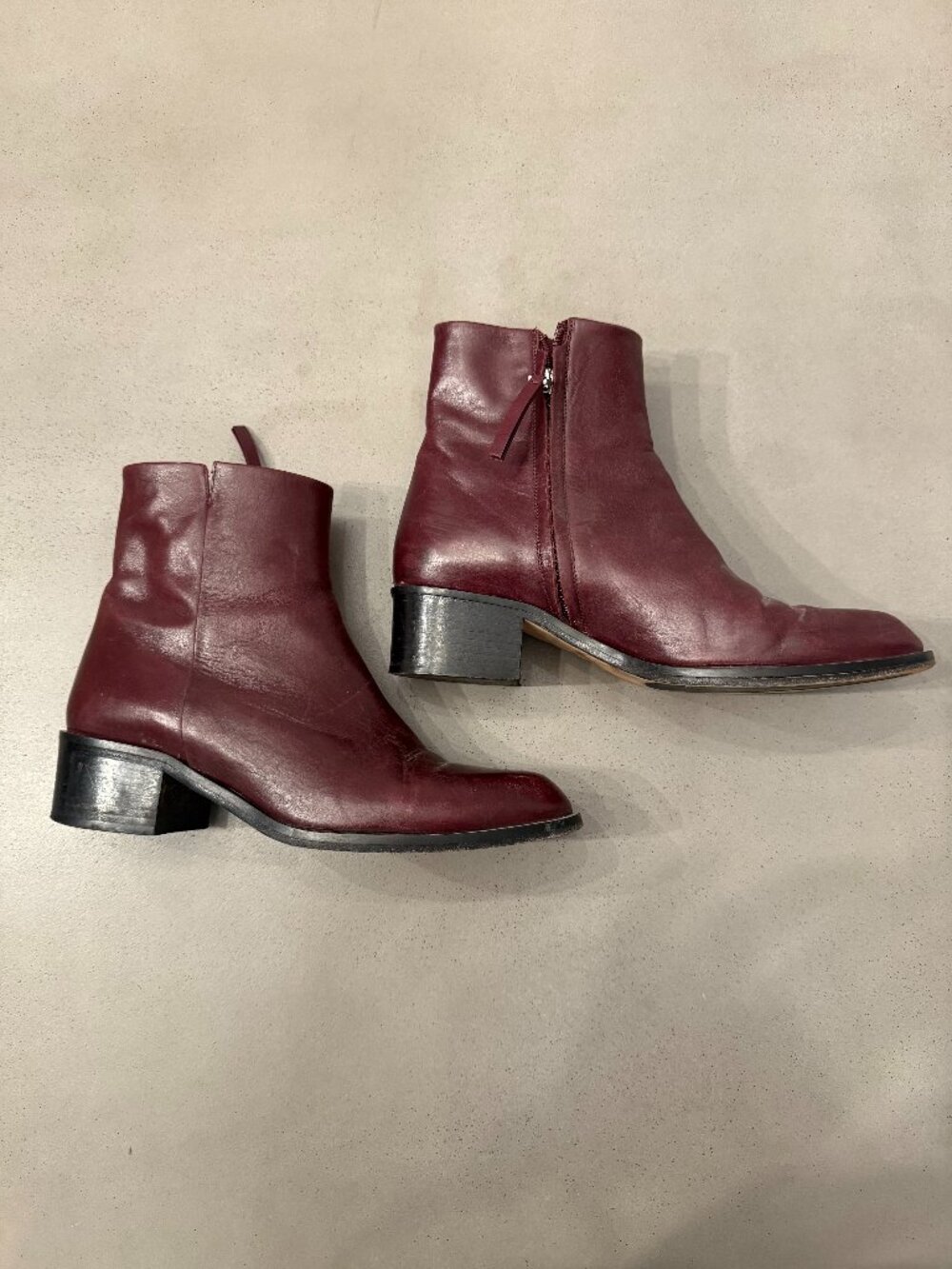 Theory Burgundy Oxblood Leather Block Heel Boot, Size 8